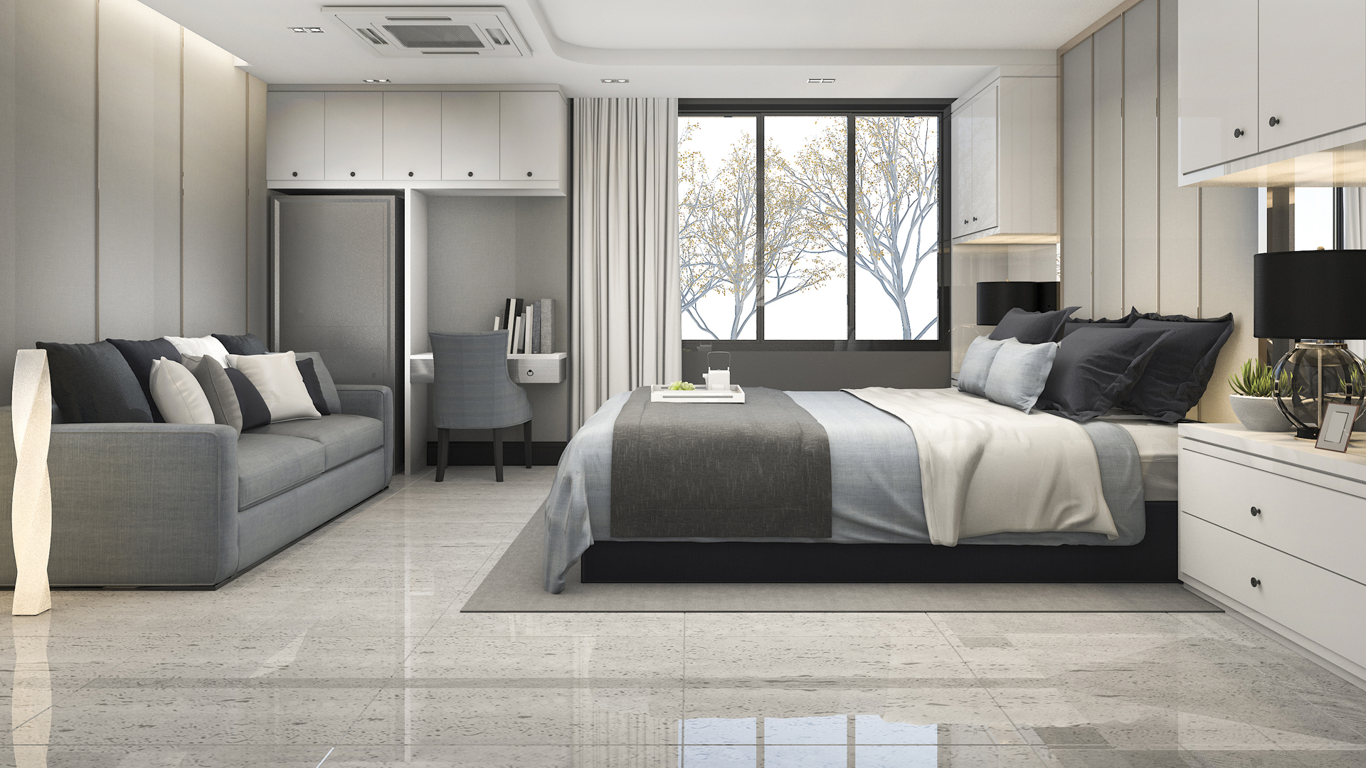 Bedroom with polished marble floor